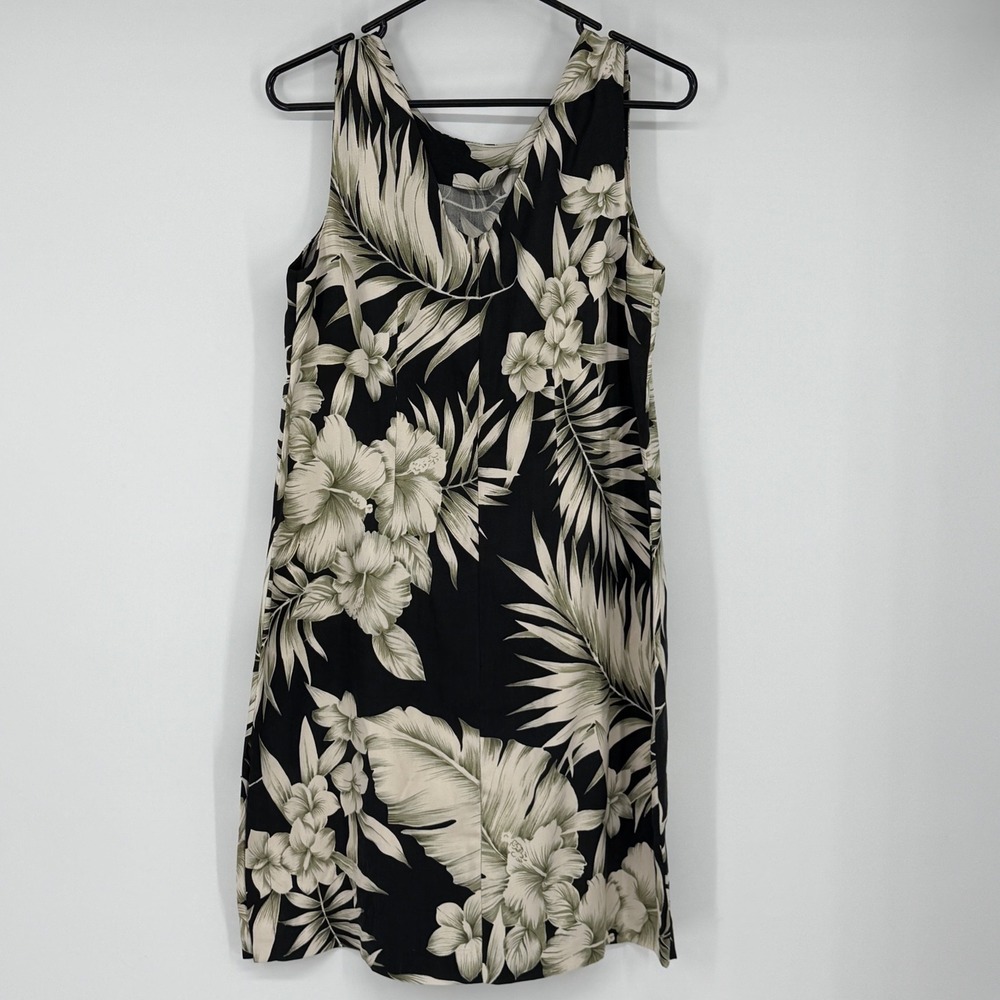 Tommy Bahama Womens 100% Silk Tropical Hibiscus Print Shift Dress Black Beige 10